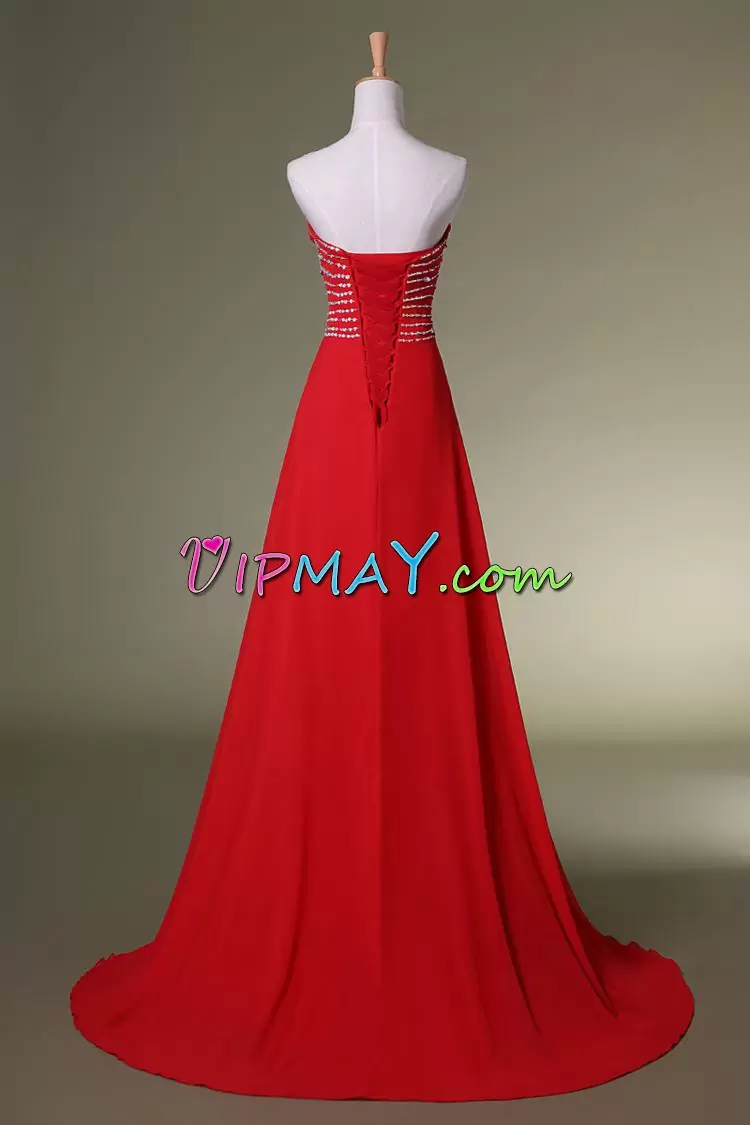 Affordable Red A-line Sweetheart Sleeveless Chiffon Sweep Train Lace Up Beading