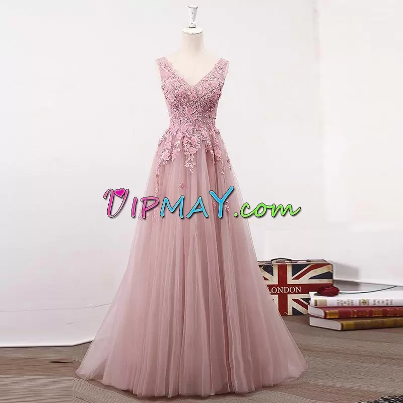 Pink A-line Hand Made Flower Homecoming Dress Online Lace Up Tulle Sleeveless Floor Length