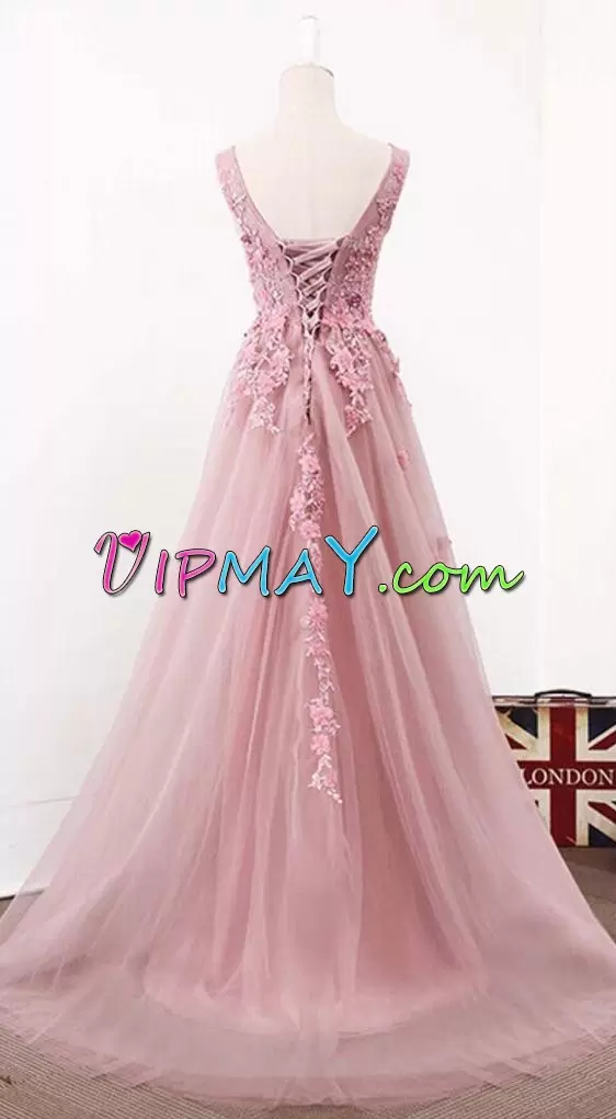 Pink A-line Hand Made Flower Homecoming Dress Online Lace Up Tulle Sleeveless Floor Length