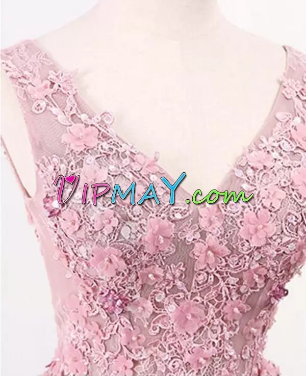 Pink A-line Hand Made Flower Homecoming Dress Online Lace Up Tulle Sleeveless Floor Length