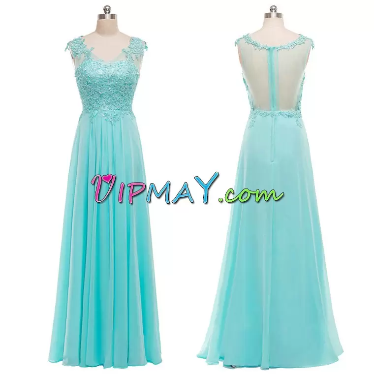 Simple Floor Length A-line Sleeveless Aqua Blue Prom Evening Gown Zipper