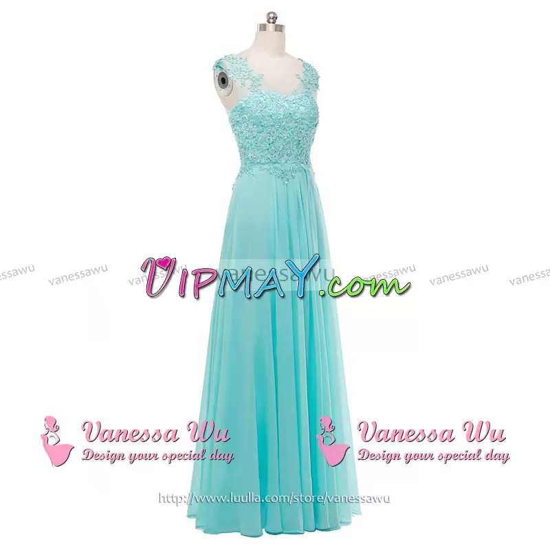 Simple Floor Length A-line Sleeveless Aqua Blue Prom Evening Gown Zipper