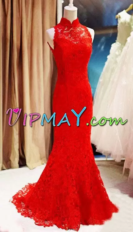 High-neck Sleeveless Sweep Train Zipper Homecoming Gowns Red Lace Lace