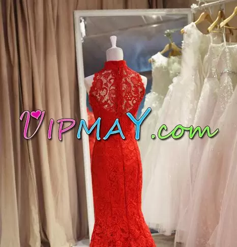 High-neck Sleeveless Sweep Train Zipper Homecoming Gowns Red Lace Lace