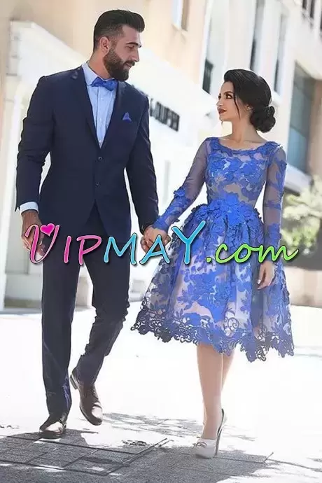 Modest Blue A-line Scoop Long Sleeves Tulle Knee Length Lace and Appliques Dress for Prom