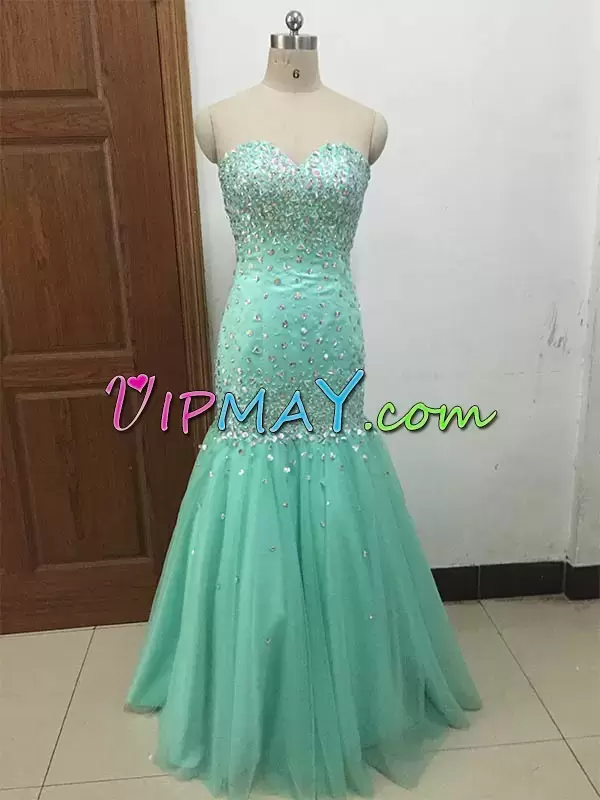 Apple Green Mermaid Sweetheart Sleeveless Chiffon Floor Length Lace Up Beading and Lace Prom Dresses