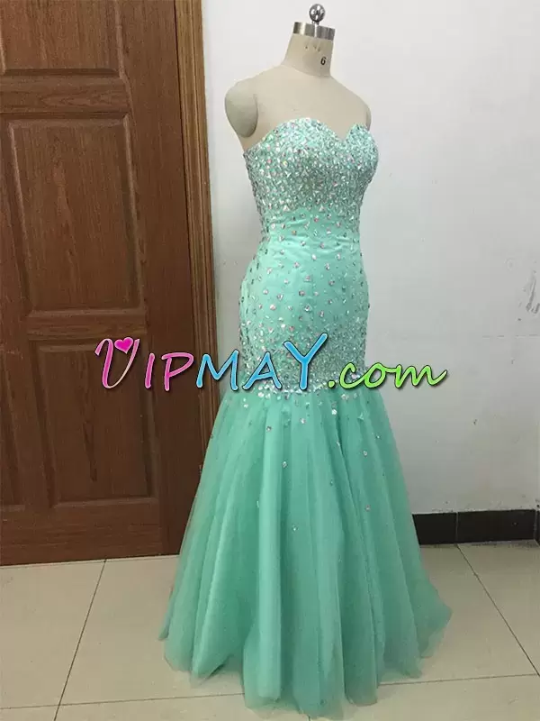 Apple Green Mermaid Sweetheart Sleeveless Chiffon Floor Length Lace Up Beading and Lace Prom Dresses