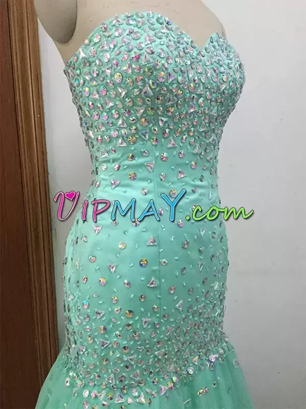 Apple Green Mermaid Sweetheart Sleeveless Chiffon Floor Length Lace Up Beading and Lace Prom Dresses