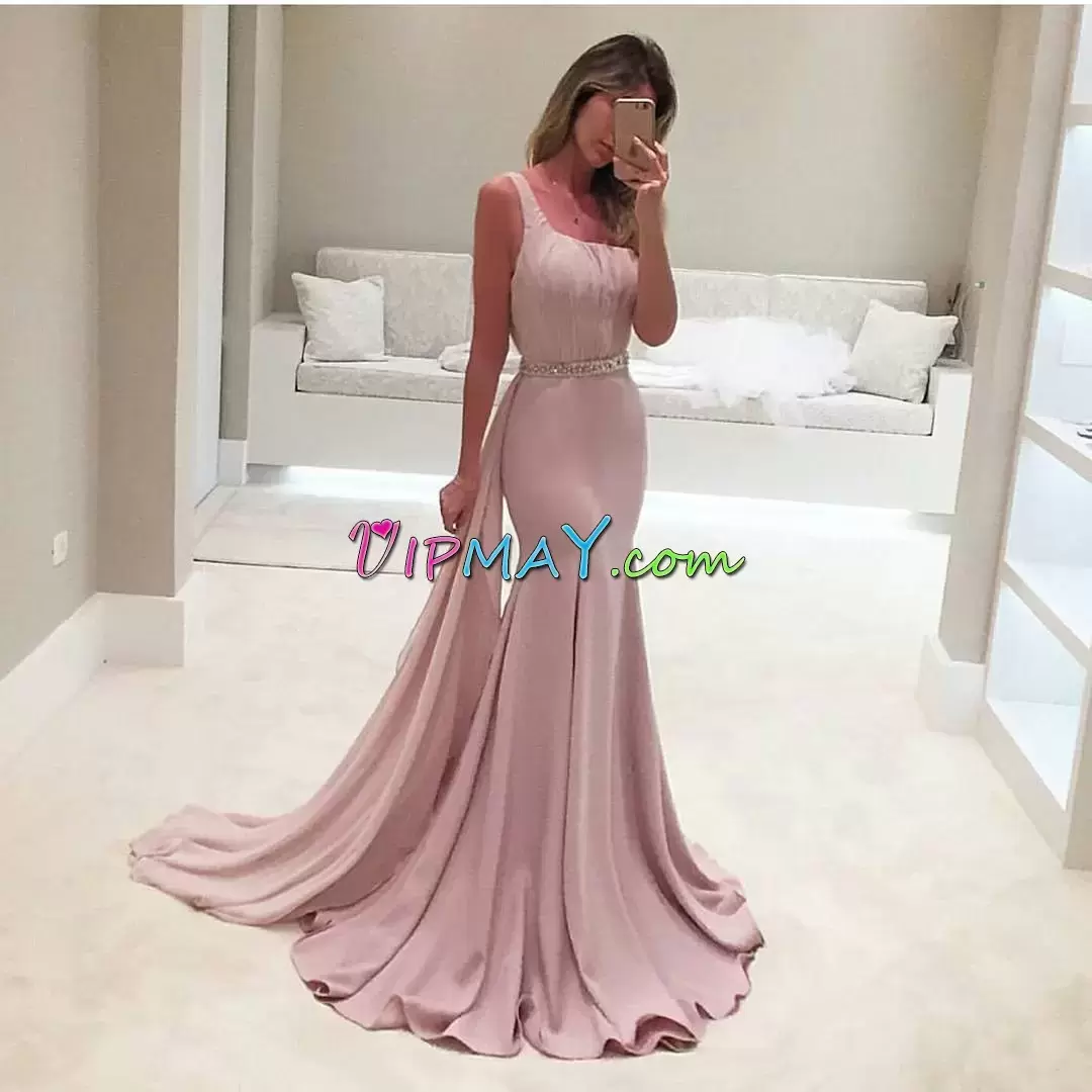 Dazzling Pink Evening Dress Satin Sweep Train Sleeveless Beading