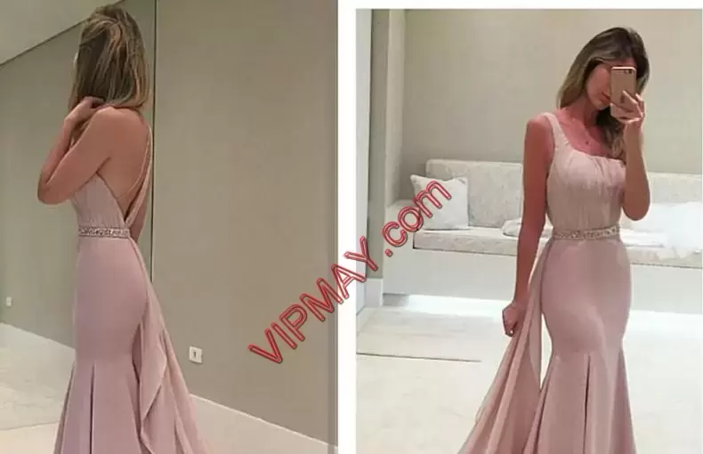 Dazzling Pink Evening Dress Satin Sweep Train Sleeveless Beading