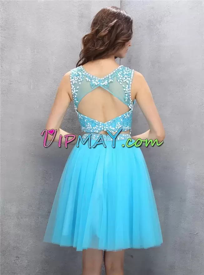 Top Selling Turquoise A-line Scoop Sleeveless Tulle Mini Length Backless Beading Evening Dress