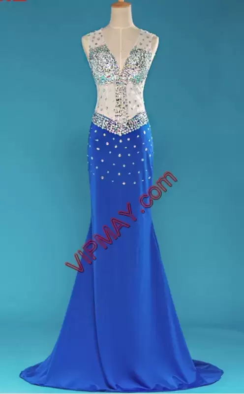 Luxury Blue Chiffon Backless Formal Evening Gowns Sleeveless Sweep Train Beading