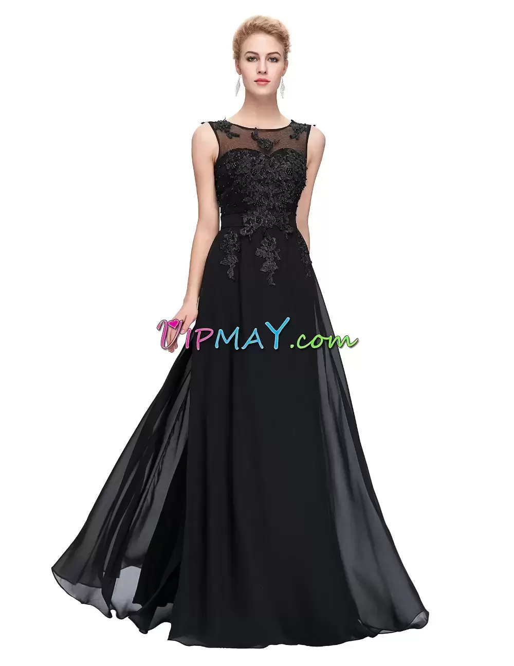 Black Zipper Scoop Appliques Hoco Dress Chiffon Sleeveless