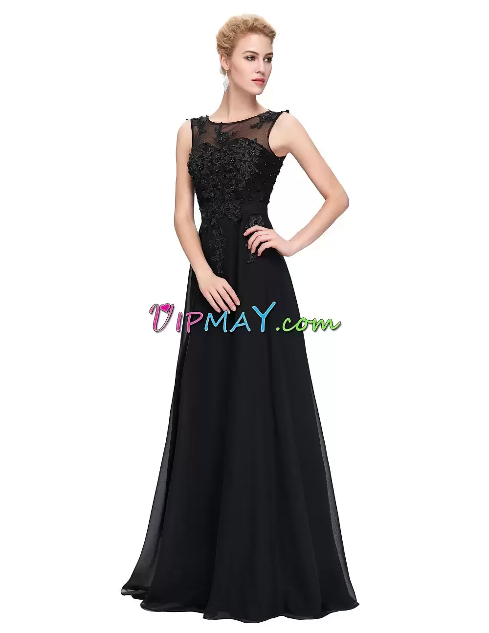 Black Zipper Scoop Appliques Hoco Dress Chiffon Sleeveless