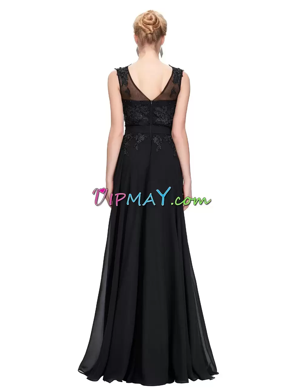 Black Zipper Scoop Appliques Hoco Dress Chiffon Sleeveless