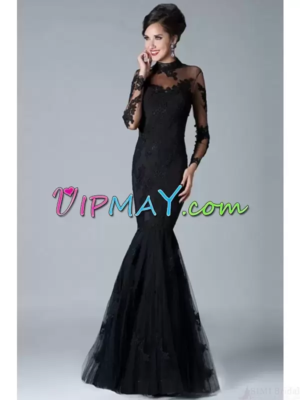 Black Long Sleeves Floor Length Appliques Zipper Prom Dresses High-neck