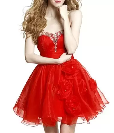 Fine Red Lace Up Sweetheart Beading and Hand Made Flower Prom Evening Gown Organza Sleeveless