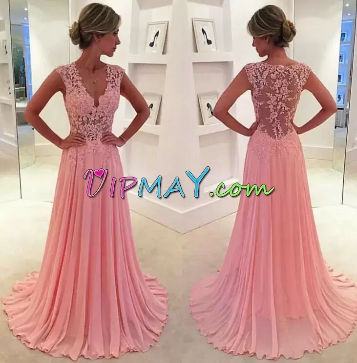 Most Popular Pink V-neck Neckline Lace and Appliques and Pleated Prom Party Dress Cap Sleeves Zipper