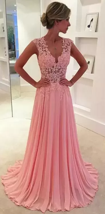 Most Popular Pink V-neck Neckline Lace and Appliques and Pleated Prom Party Dress Cap Sleeves Zipper