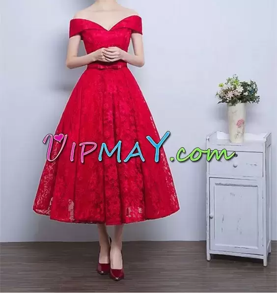 Beautiful Red Off The Shoulder Lace Prom Gown Short Sleeves