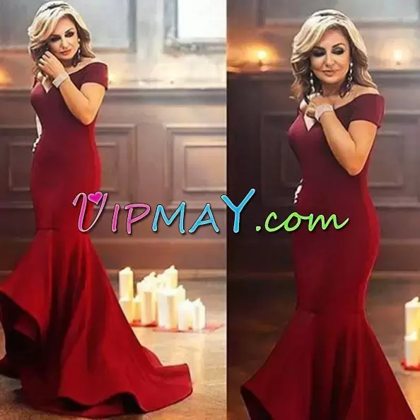 Decent Burgundy Prom Gown Satin Sweep Train Sleeveless Ruching