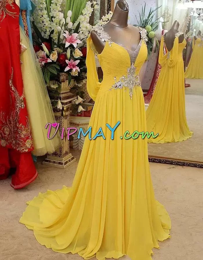 Fabulous Yellow Sleeveless Sweep Train Beading Going Out Dresses