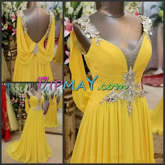 Fabulous Yellow Sleeveless Sweep Train Beading Going Out Dresses