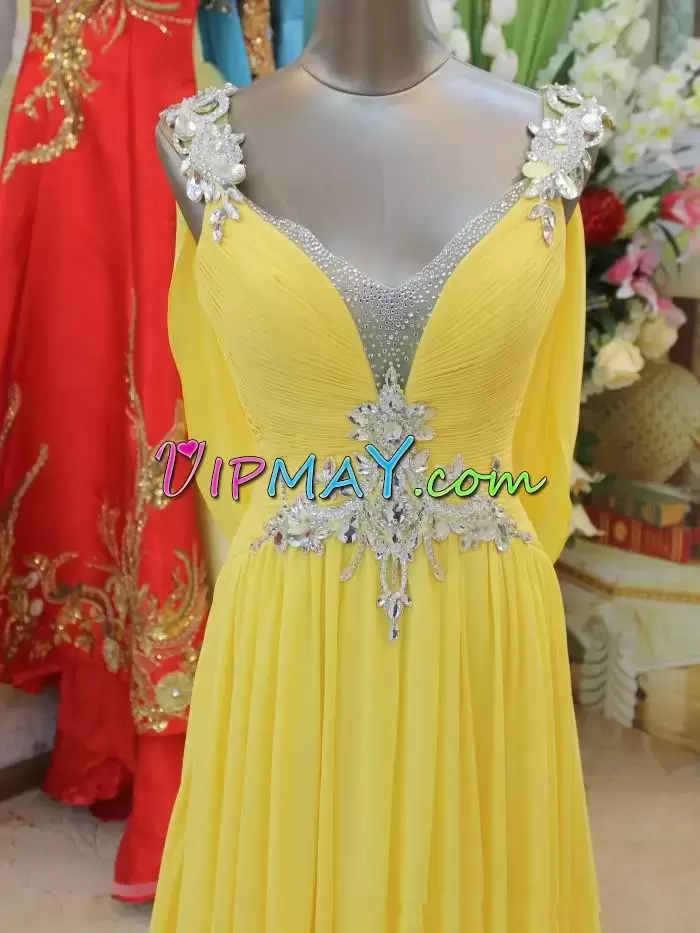 Fabulous Yellow Sleeveless Sweep Train Beading Going Out Dresses