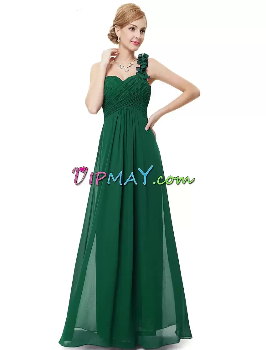 Chiffon One Shoulder Sleeveless Zipper Hand Made Flower Prom Gown in Green