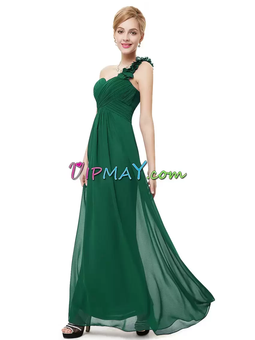 Chiffon One Shoulder Sleeveless Zipper Hand Made Flower Prom Gown in Green