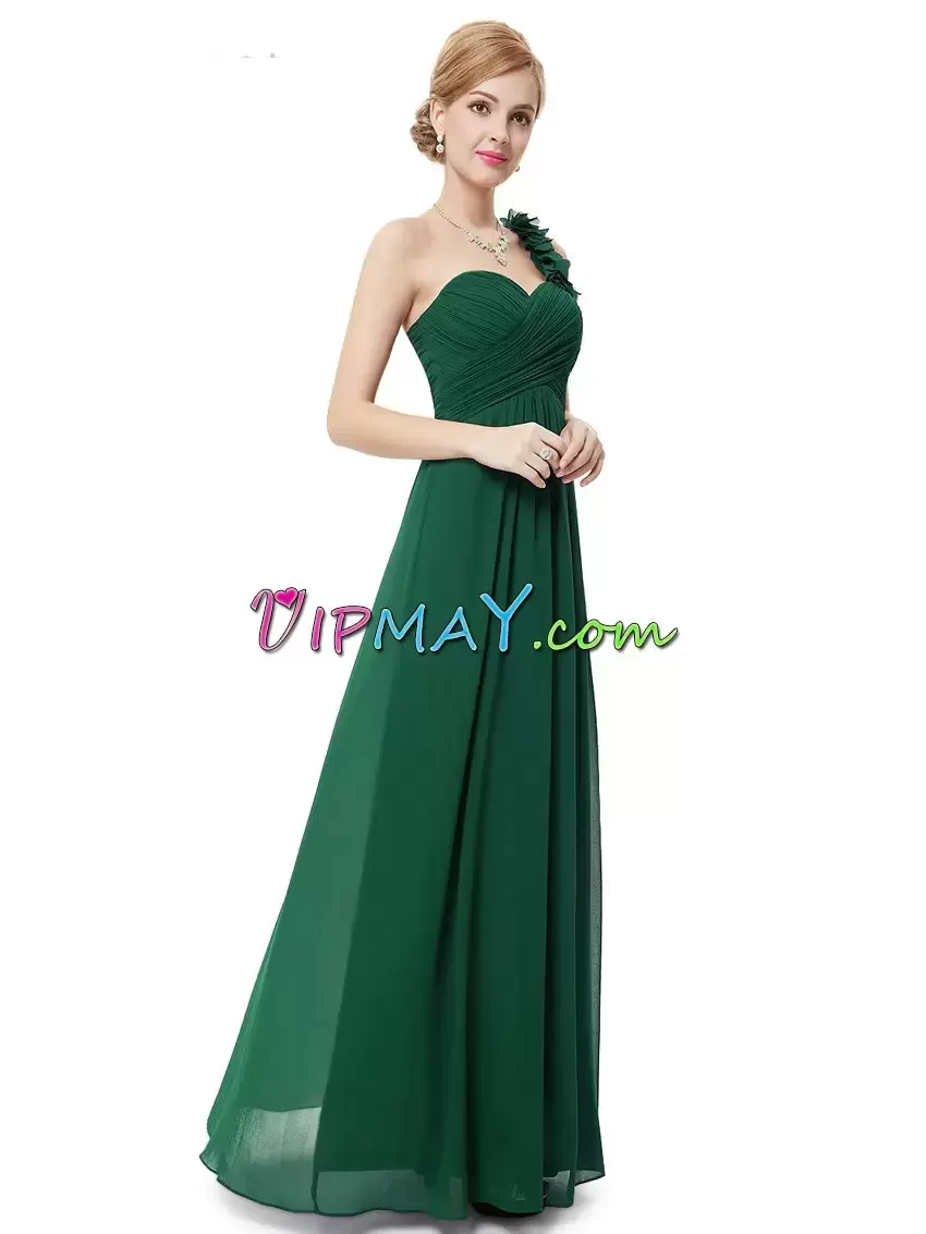 Chiffon One Shoulder Sleeveless Zipper Hand Made Flower Prom Gown in Green