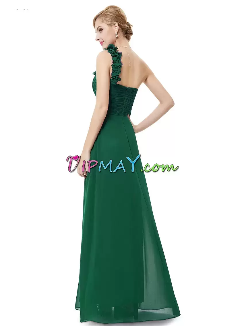 Chiffon One Shoulder Sleeveless Zipper Hand Made Flower Prom Gown in Green