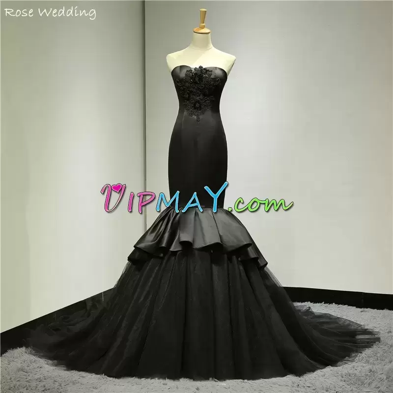 Black Mermaid Bodycon Homecoming Gowns Satin and Tulle with Long Brush Train