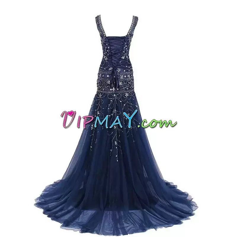 Chic Tulle Spaghetti Straps Sleeveless Sweep Train Lace Up Beading Evening Dress in Navy Blue