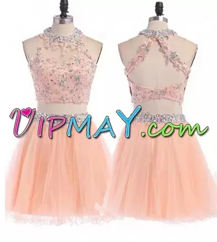 Mini Length Pink and Peach Prom Gown Tulle Sleeveless Beading