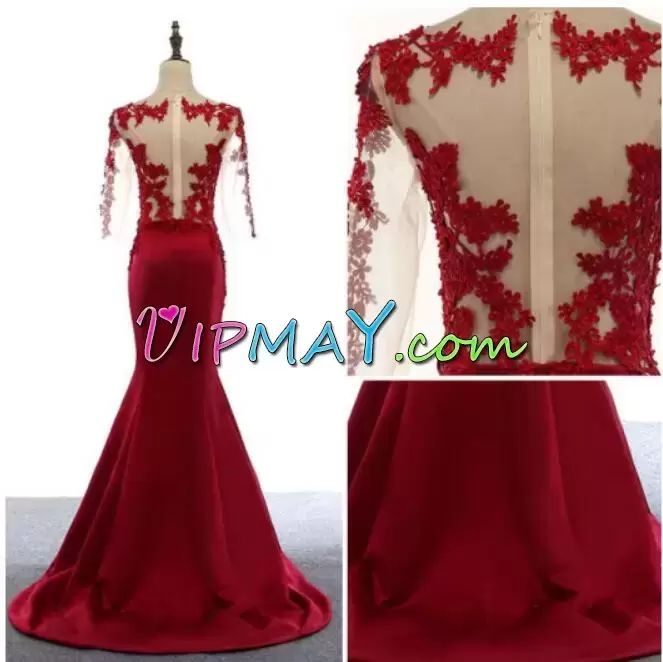 Red Long Sleeves Lace and Appliques Zipper Prom Dresses Scoop