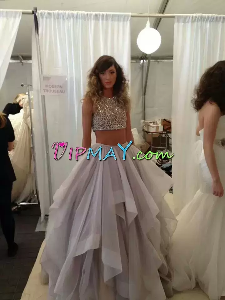 Floor Length Grey Prom Gown Tulle Sleeveless Beading