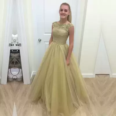 Yellow Green A-line Scoop Sleeveless Tulle Floor Length Lace Up Beading Prom Dresses