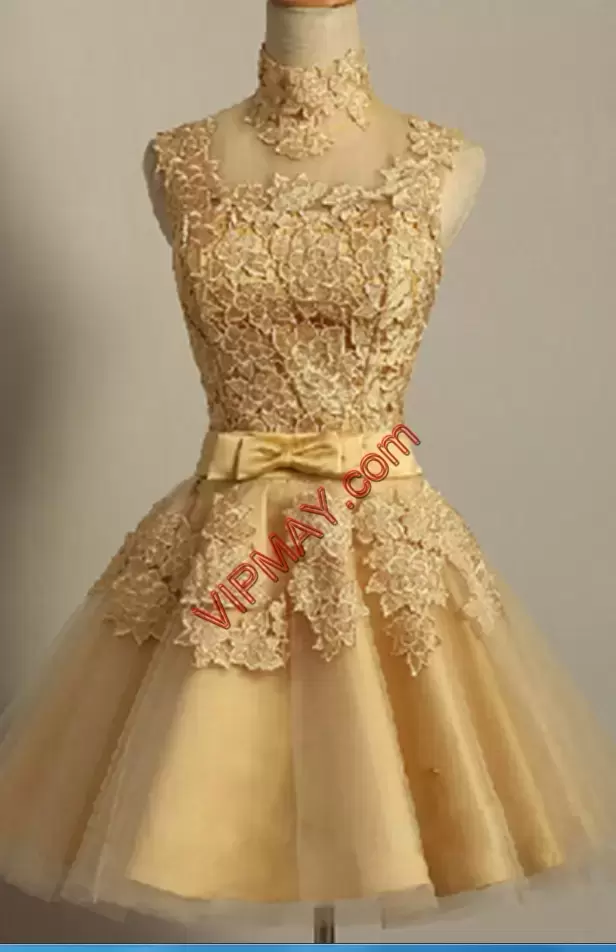 High-neck Sleeveless Tulle Prom Evening Gown Beading and Appliques and Sashes ribbons and Ruching Lace Up