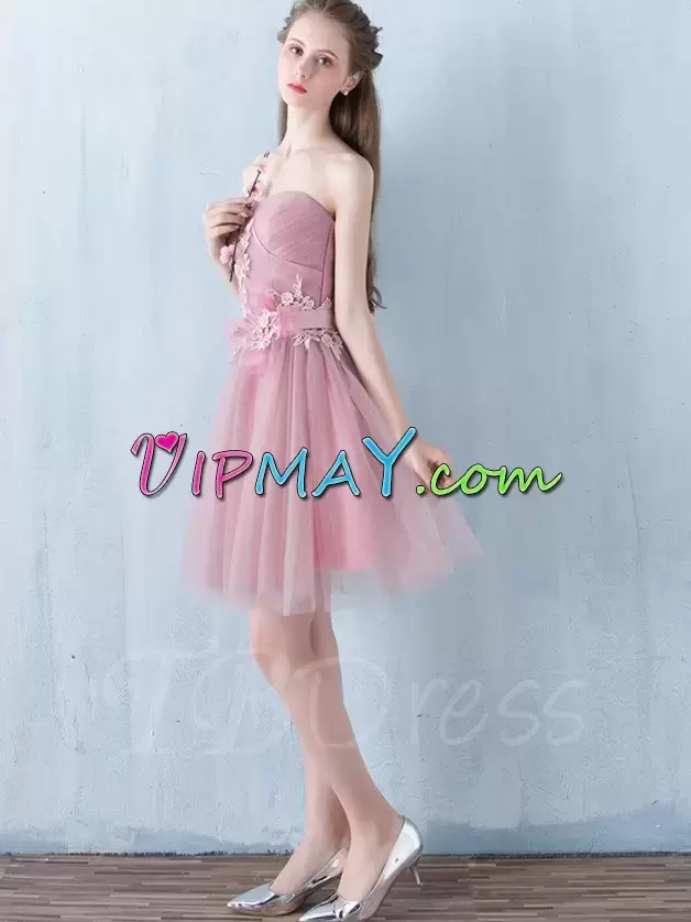 Pink A-line Sweetheart Sleeveless Tulle Mini Length Lace Up Appliques Prom Dress