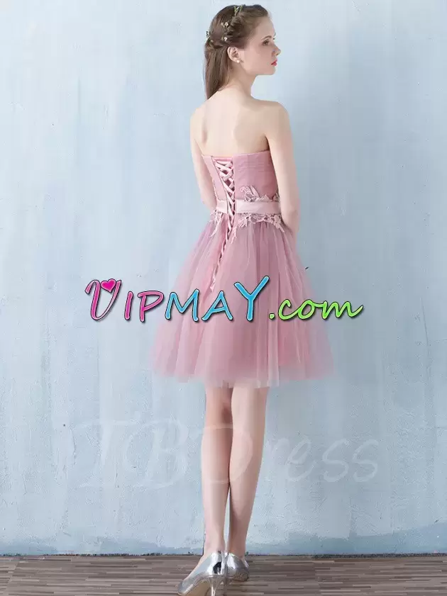 Pink A-line Sweetheart Sleeveless Tulle Mini Length Lace Up Appliques Prom Dress