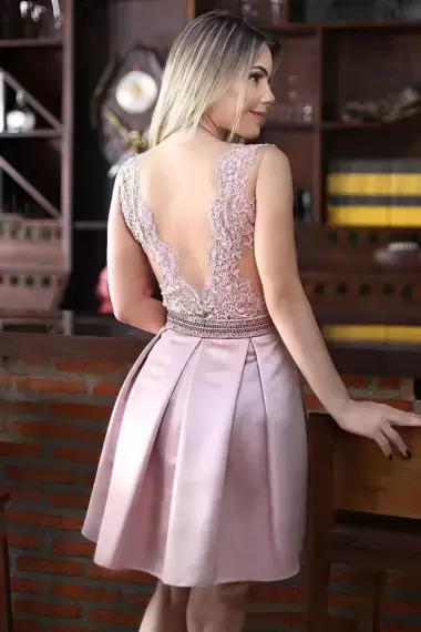 Wonderful Pink A-line Satin V-neck Sleeveless Beading Mini Length Backless Prom Dresses