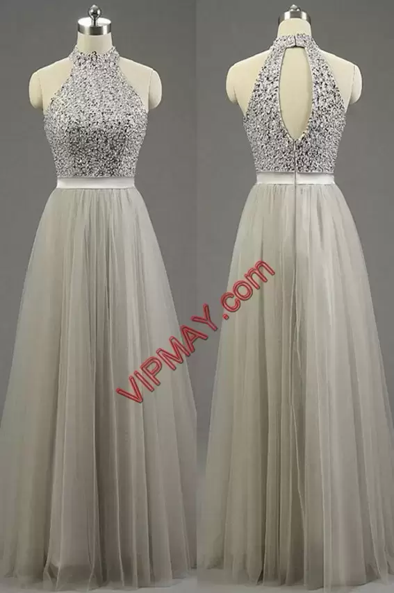 Designer Sleeveless High-neck Zipper Floor Length Beading Homecoming Dress High-neck