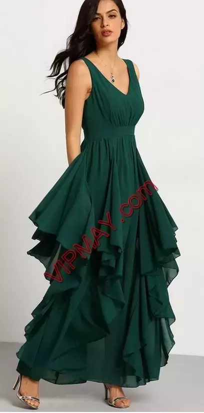 Simple Dark Green Sleeveless Satin and Chiffon Sweep Train Lace Up Homecoming Gowns for Prom and Party