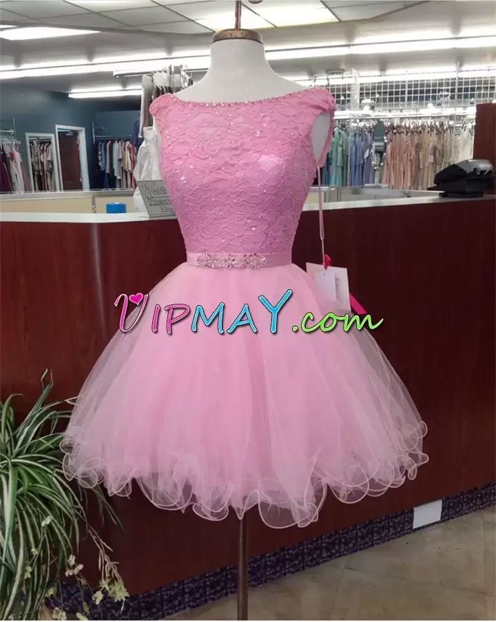 High End Pink Homecoming Dress Prom and Party with Beading and Lace Scoop Sleeveless Lace Up