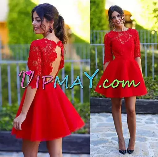 Fine Red A-line Lace Prom Homecoming Dress Backless Satin Half Sleeves Mini Length