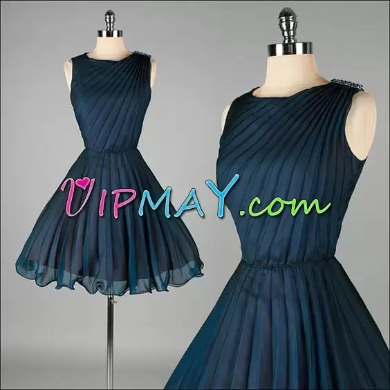 Navy Blue Chiffon Lace Up Scoop Sleeveless Mini Length Prom Dress Beading