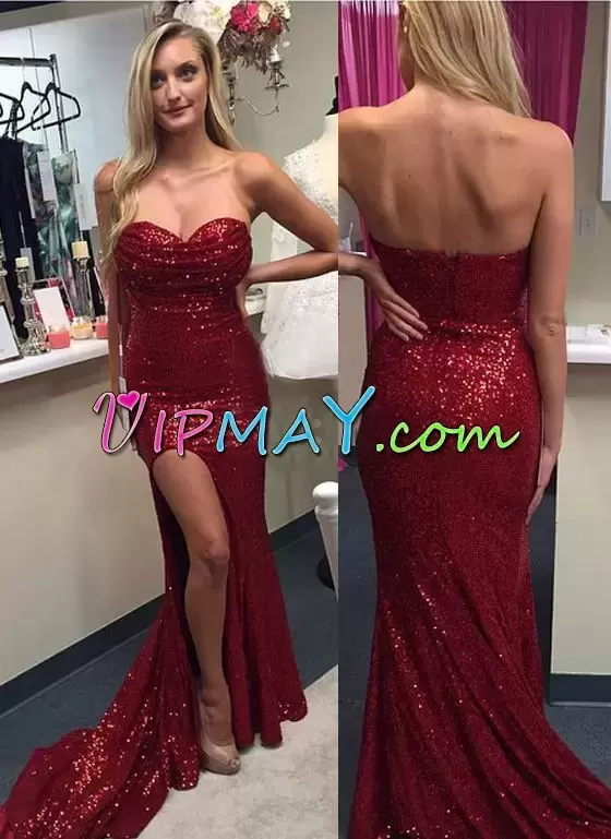 Fine Red Sleeveless Brush Train Sequins Prom Dresses