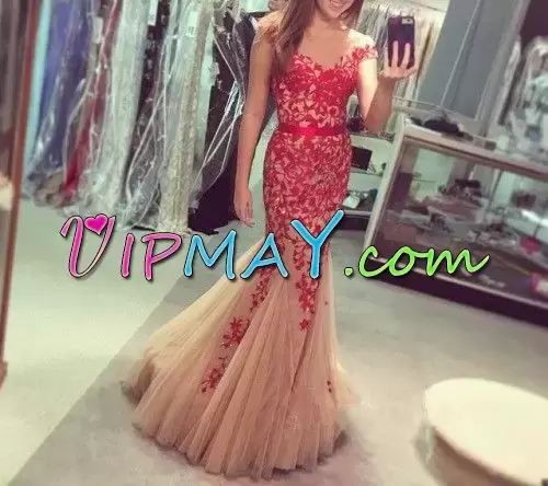 Ideal Champagne Mermaid Tulle Scoop Sleeveless Lace Floor Length Junior Homecoming Dress