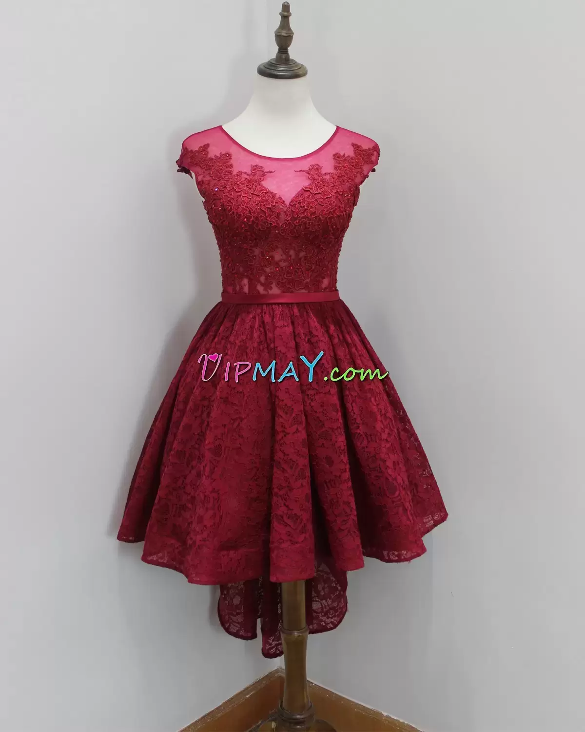 High Low Zipper Homecoming Dress Burgundy for Prom and Party and Military Ball with Lace